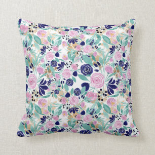 Pink Navy Blue Gold Watercolor Flowers Pattern Throw Pillow