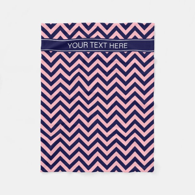 Pink, Navy Blue LG Chevron Navy Name Monogram Fleece Blanket (Front)