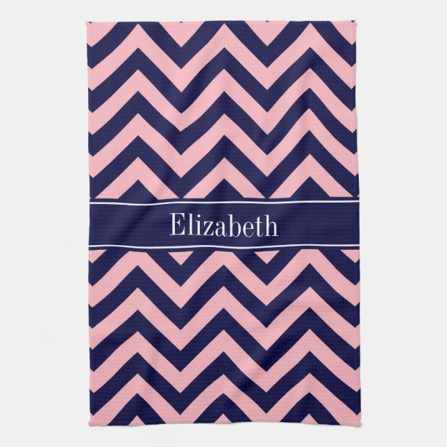 Pink, Navy Blue LG Chevron Navy Name Monogram Kitchen Towel (Vertical)