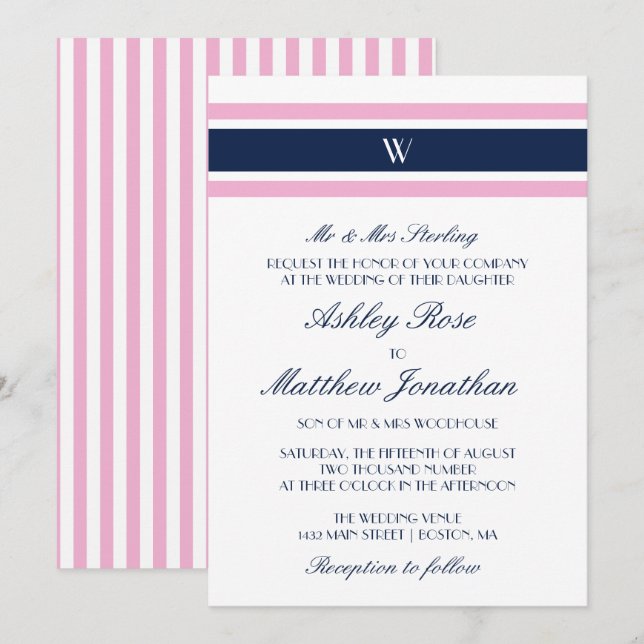 Pink & Navy Blue | Monogram Wedding Invitation (Front/Back)