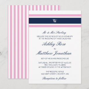 Pink & Navy Blue Monogram Wedding Invitation