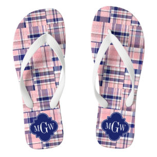 Pink, Navy Blue Preppy Patchwork Madras Monogram Flip Flops