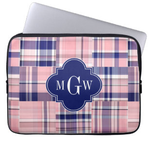 Pink, Navy Blue Preppy Patchwork Madras Monogram Laptop Sleeve