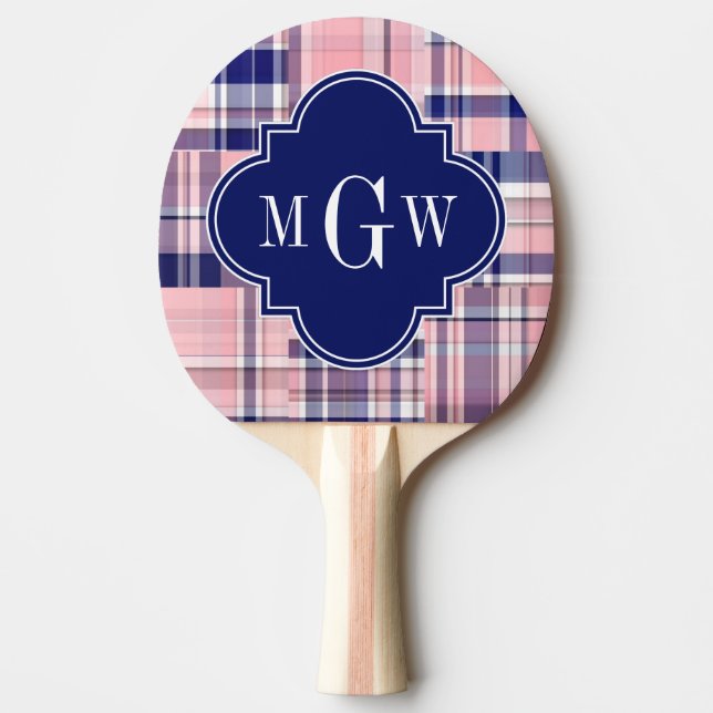 Pink, Navy Blue Preppy Patchwork Madras Monogram Ping Pong Paddle (Front)