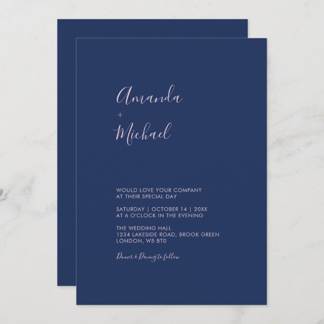 Pink & Navy Blue Simple Minimal Wedding Invitation (Front/Back)