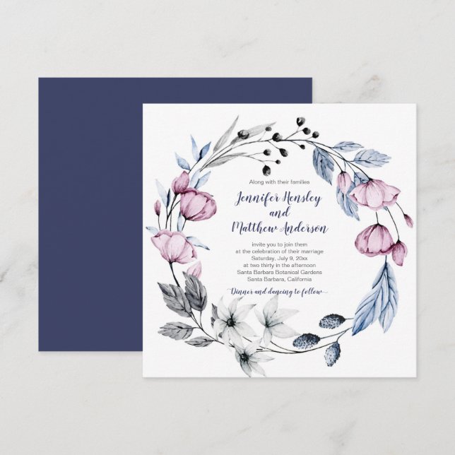 Pink & Navy Blue Watercolor Floral Wreath Wedding Invitation (Front/Back)