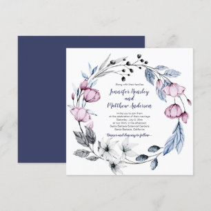 Pink & Navy Blue Watercolor Floral Wreath Wedding Invitation
