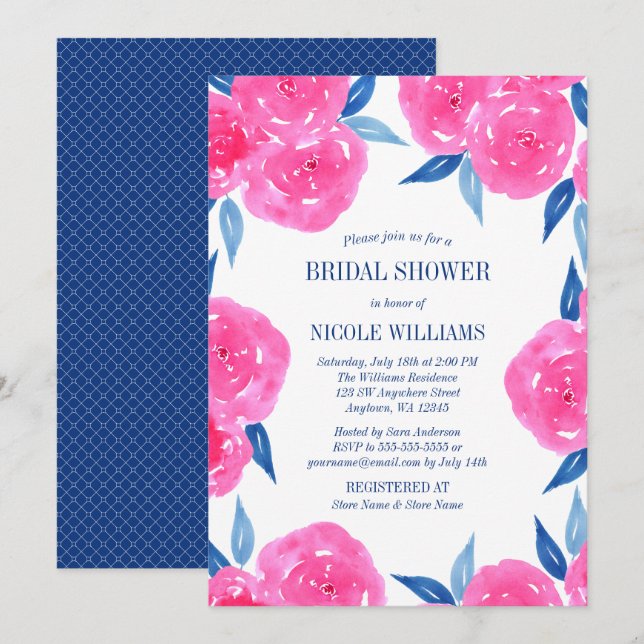 Pink Navy Blue Watercolor Flowers Bridal Shower Invitation (Front/Back)