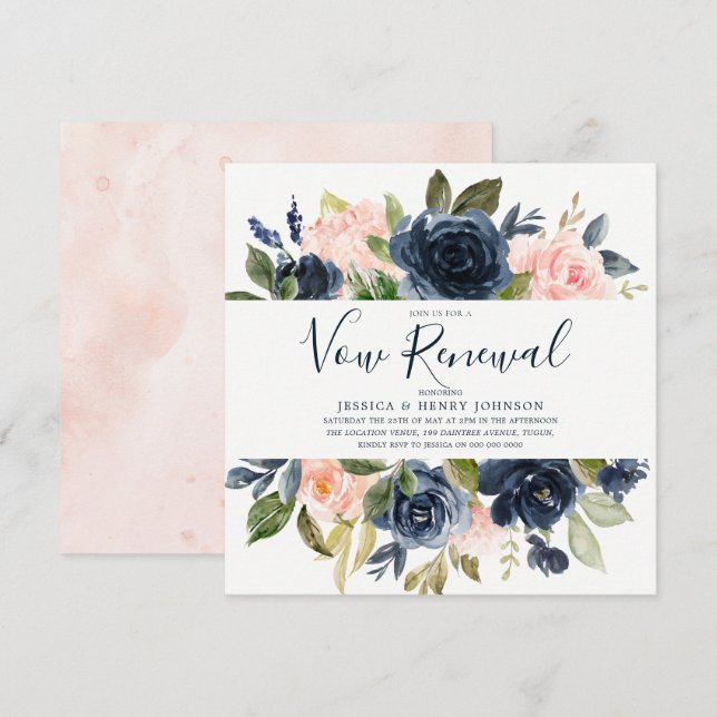 Pink & Navy Blue Watercolor Flowers Vow Renewal Invitation (Front/Back)