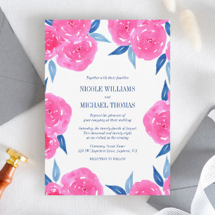 Pink Navy Blue Watercolor Flowers Wedding Invitation