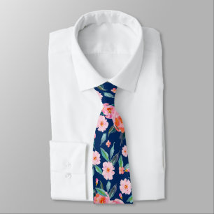 Pink Navy Blue Watercolor Rose Pattern Wedding Tie