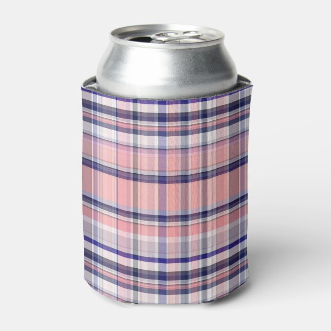 Pink Navy Blue White Preppy Madras Plaid Can Cooler (Can Front)