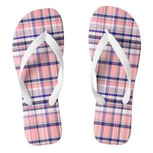 Pink Navy Blue White Preppy Madras Plaid Flip Flops