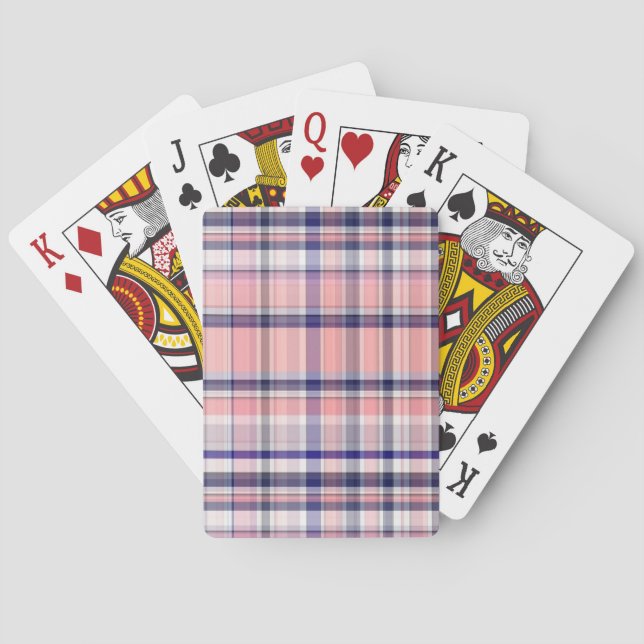 Pink Navy Blue White Preppy Madras Plaid Playing Cards (Back)