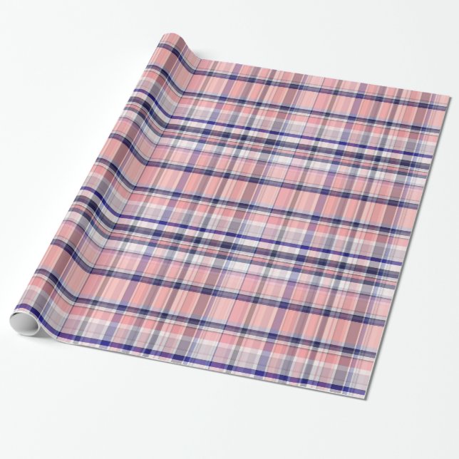 Pink Navy Blue White Preppy Madras Plaid Wrapping Paper (Unrolled)