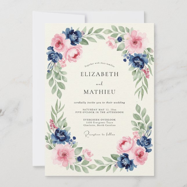 Pink Navy Botanical Romance Wedding Invitation (Front)