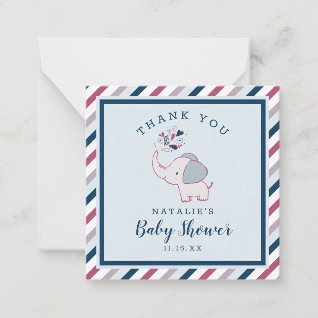 Pink & Navy Cute Elephant Baby Shower Thank You Card (Front)