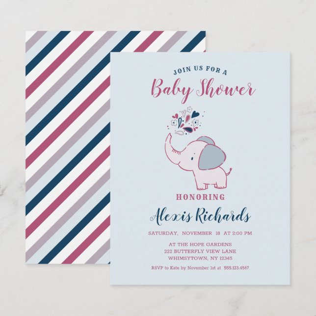 Pink & Navy Cute Elephant Themed Baby Shower Invitation (Front/Back)