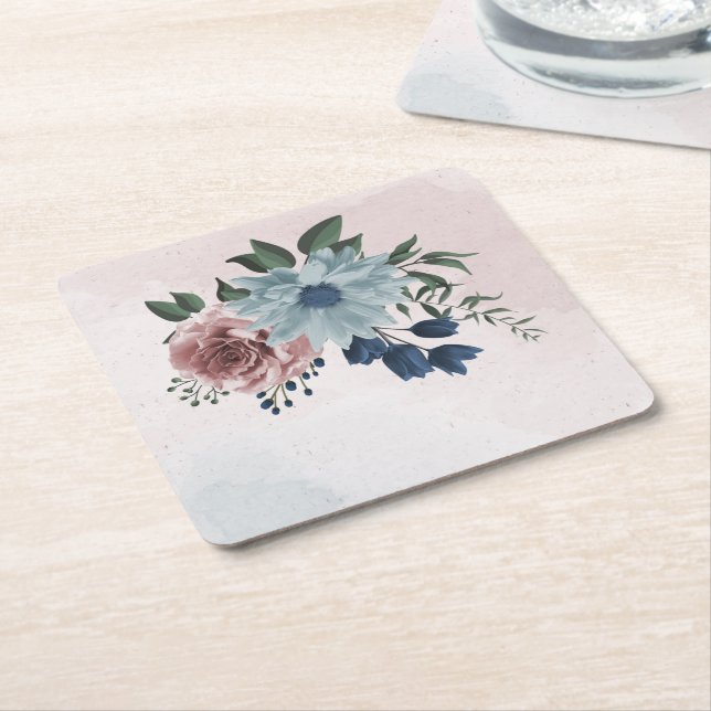 pink navy dusty blue floral greenery  square paper coaster (Angled)