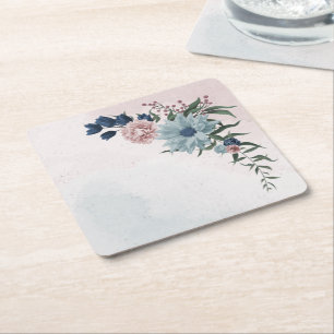 pink navy dusty blue floral greenery square paper coaster