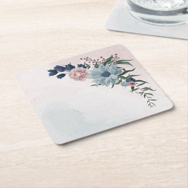 pink navy dusty blue floral greenery square paper coaster (Angled)