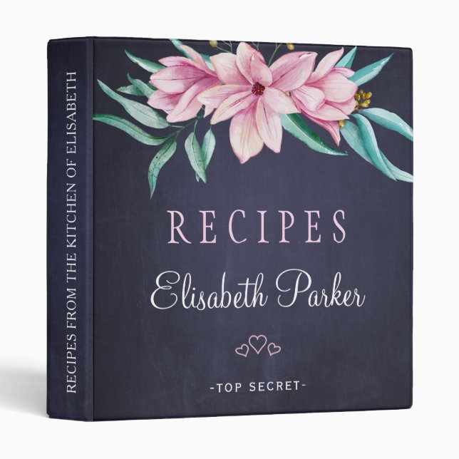 Pink navy floral bouquet chalkboard rustic recipes binder (Front/Spine)