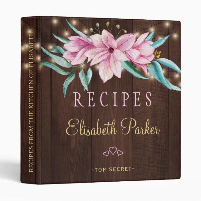 Pink navy floral lights barn wood rustic recipes binder (Front/Spine)