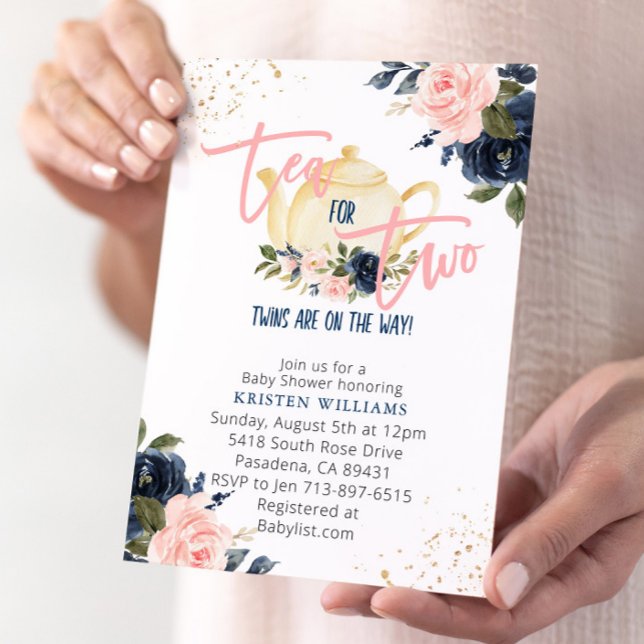 Pink Navy Floral Twins Tea For Two Baby Shower  Invitation (Creator Uploaded)