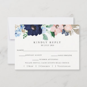 Pink + Navy Floral Wedding RSVP Meal Choice Card