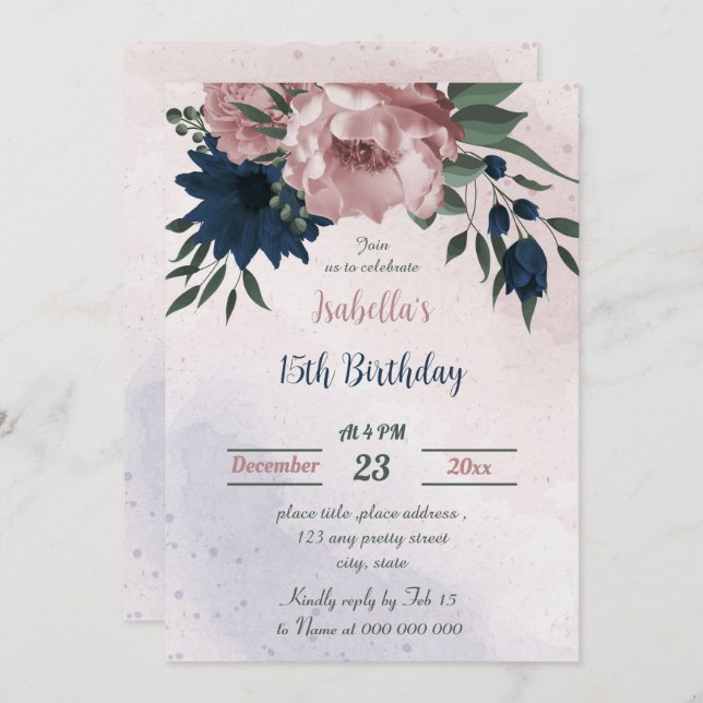 pink & navy flowers botanical birthday  invitation (Front/Back)