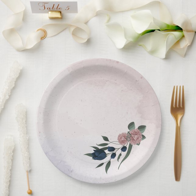 pink & navy flowers botanical paper plate (Wedding)