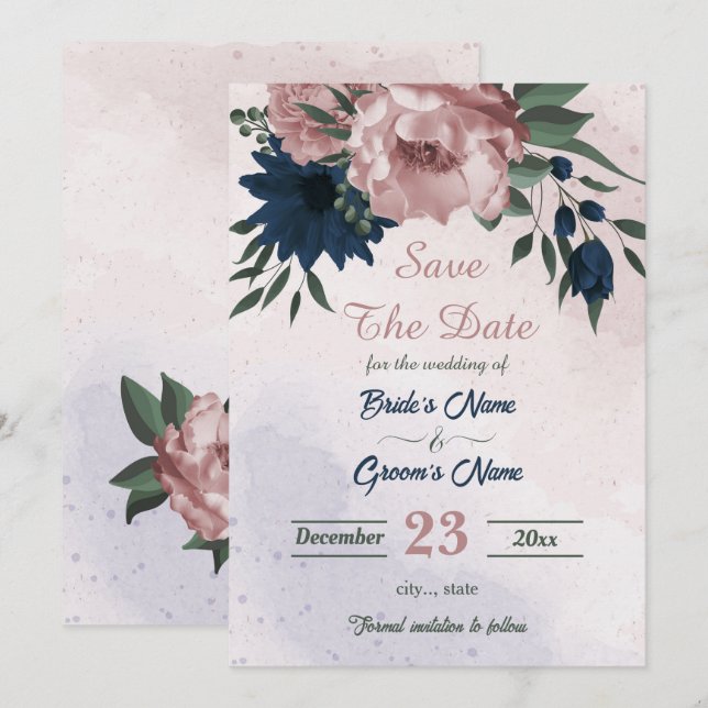 pink & navy flowers botanical save the date (Front/Back)