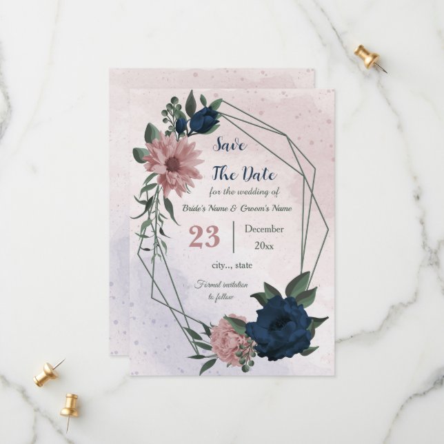 pink & navy flowers botanical save the date (Front/Back In Situ)