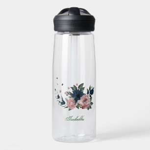 pink & navy flowers botanical water bottle