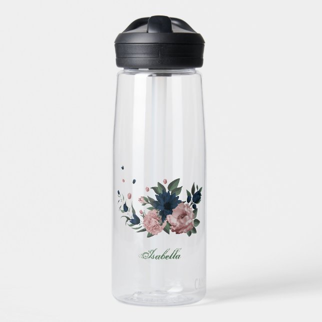 pink & navy flowers botanical water bottle (Front)