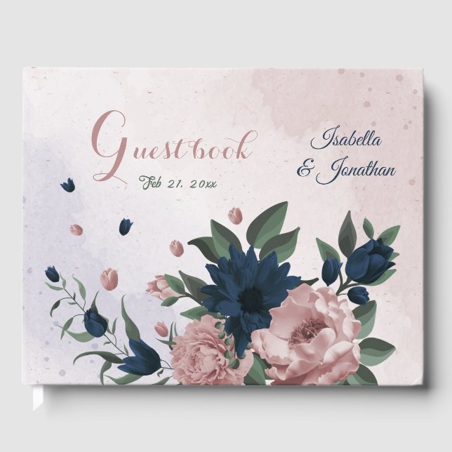 pink & navy flowers botanical wedding guest book (Front)