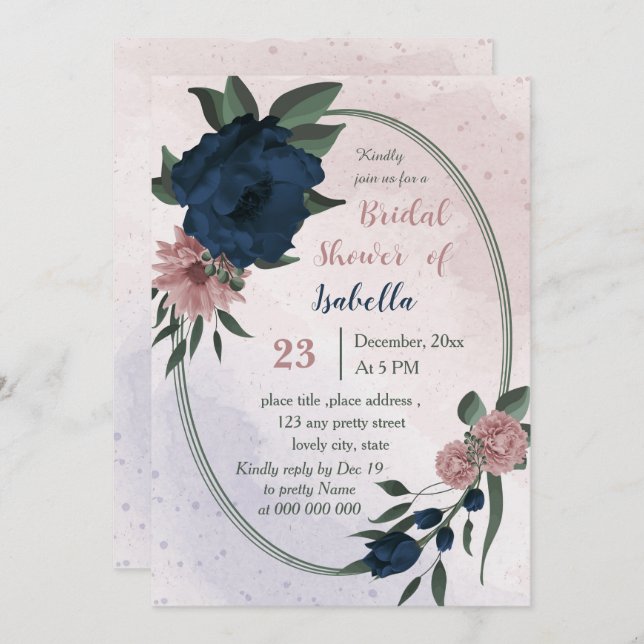 pink & navy flowers geometric bridal shower invitation (Front/Back)