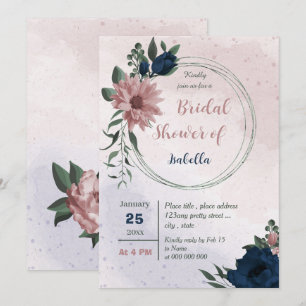 pink & navy flowers geometric bridal shower invitation