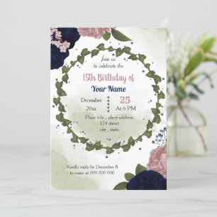 pink navy flowers greenery birthday party invitation