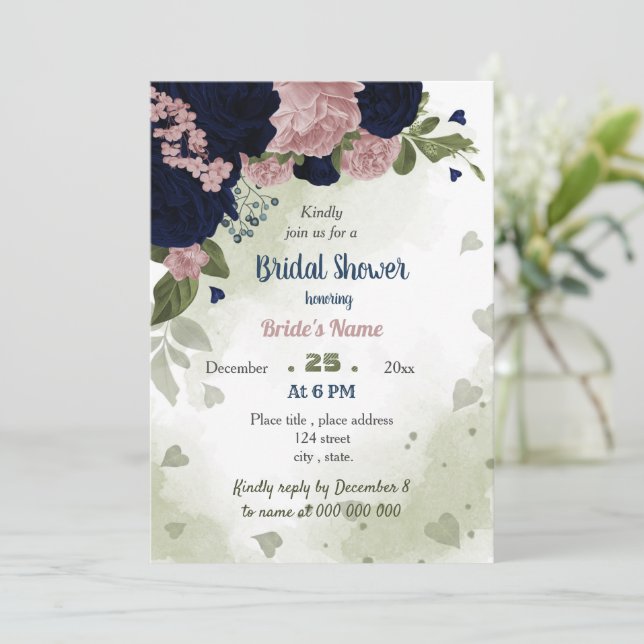 pink navy flowers greenery bridal shower invitation (Standing Front)
