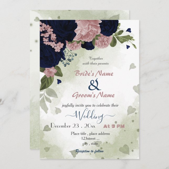 pink navy flowers greenery wedding invitation (Front/Back)
