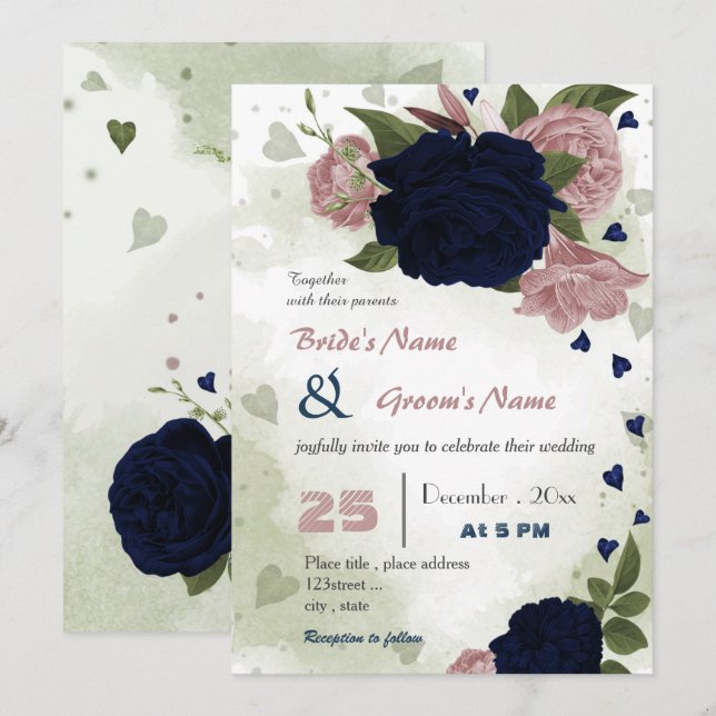 pink navy flowers greenery wedding  invitation (Front/Back)