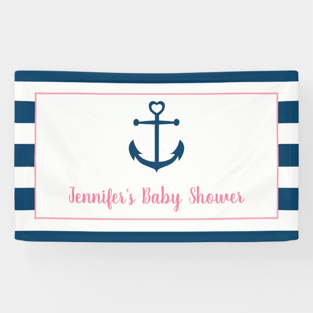 Pink Navy Girl Nautical Anchor Baby Shower Banner (Horizontal)