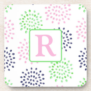 Pink Navy Green Flower Pattern Watercolor Monogram Coaster