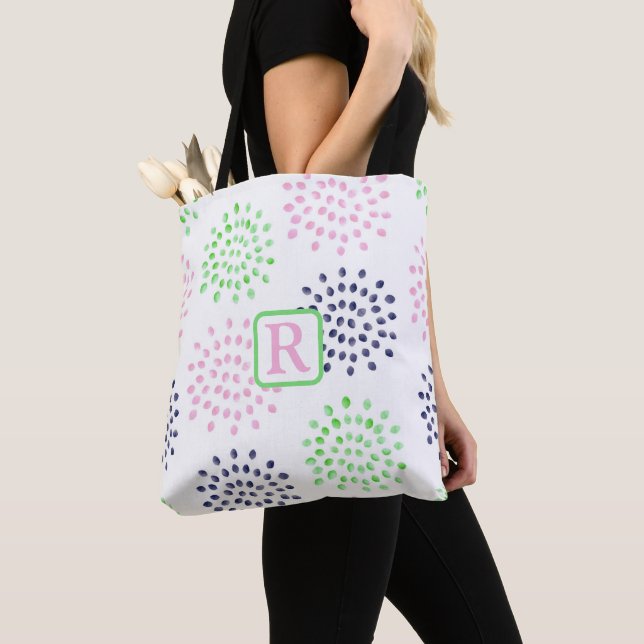 Pink Navy Green Flower Pattern Watercolor Monogram Tote Bag (Close Up)