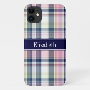 Pink Navy Green White Preppy Madras N Monogram iPhone 11 Case
