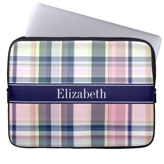 Pink Navy Green White Preppy Madras N Monogram Laptop Sleeve (Front)