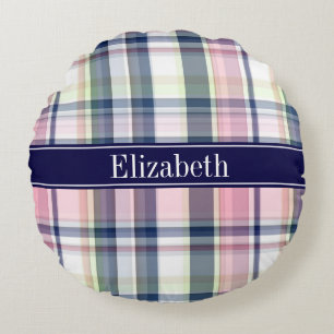 Pink Navy Green White Preppy Madras N Monogram Round Pillow