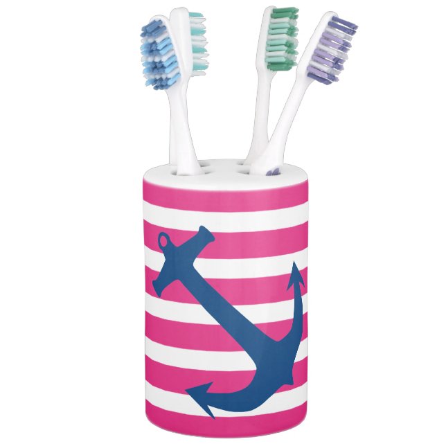 Pink & Navy Nautical Anchor Bathroom Accessory Set (In Situ)
