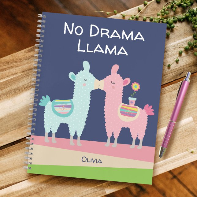 Pink Navy No Drama Llama Cute Custom Name School  Notebook (Creator Uploaded)